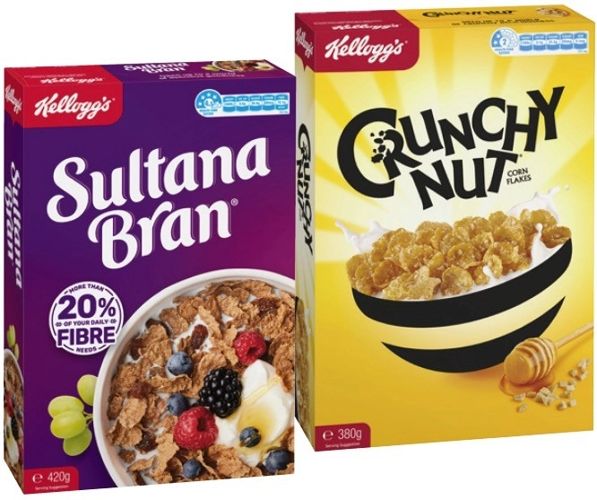 Kellogg’s Sultana Bran 420g, Crunchy Nut Corn Flakes 380g, Nutri-Grain 290g, Original Special K 300g or Coco Pops Chocos 260g