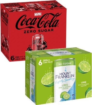 Coca-Cola or Mt Franklin Mini Cans 6x250mL