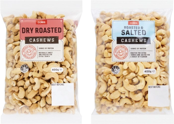 Coles Dry Roasted, Natural, Honey or Roasted & Salted Cashews 400g Pack