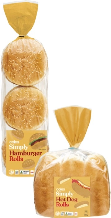 Coles Simply Hamburger Rolls 6 Pack 540g or Hot Dog Rolls 6 Pack 450g