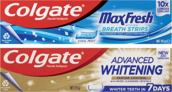 Colgate Advanced Tartar & Whitening or Max Fresh Toothpaste 115g