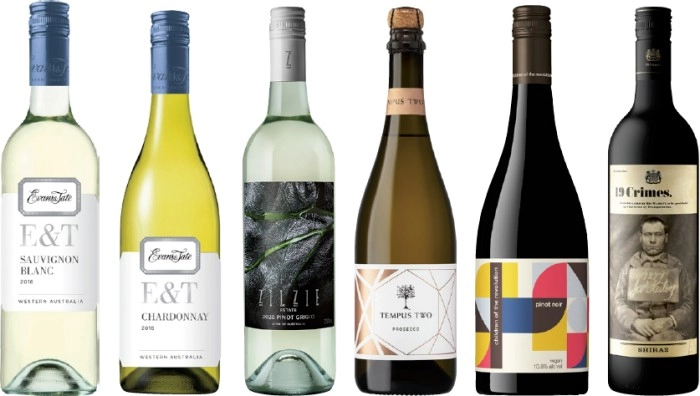 Evans & Tate E&T Sauvignon Blanc, Evans & Tate E&T Chardonnay, Zilzie Estate Pinot Grigio, Tempus Two Graphite Prosecco, Children Of The Revolution Pinot Noir or 19 Crimes Shiraz