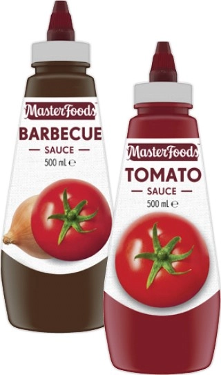 MasterFoods Squeeze Tomato or Barbecue Sauce 475mL-500mL