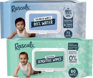 Rascals Premium Baby Wipes Sensitive 80 Pack or 99% Water 72 Pack