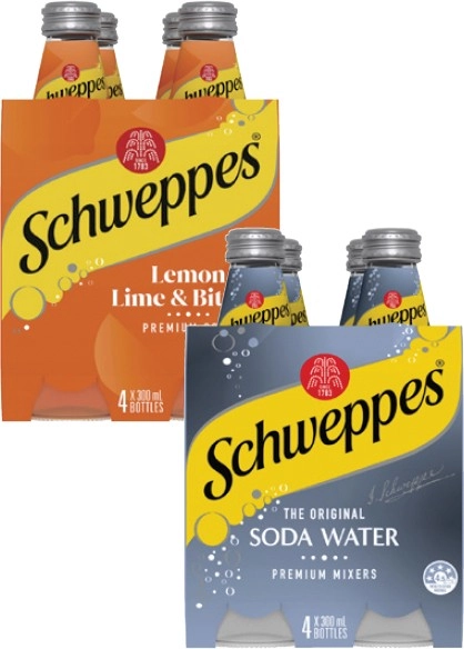 Schweppes Mixers, Soft Drink or Mineral Water 4x300mL