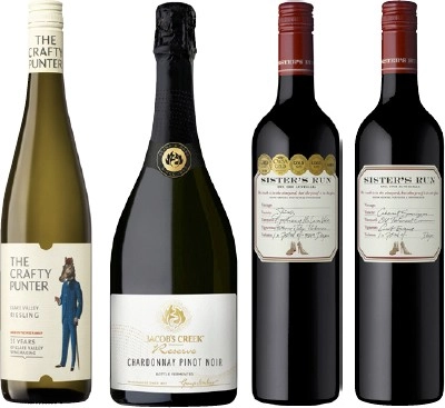 The Crafty Punter Clare Valley Riesling, Jacob’s Creek Reserve Chardonnay Pinot Noir, Sisters Run Shiraz, Sisters Run Cabernet Sauvignon