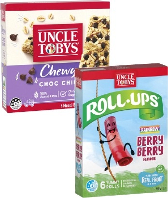 Uncle Tobys Muesli Bars 185g or Roll Ups 94g