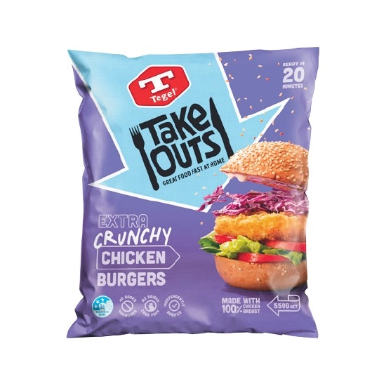 Tegel Take Outs Extra Crunchy Chicken Burgers 550g or Flame Grilled Chicken Steaks 600g