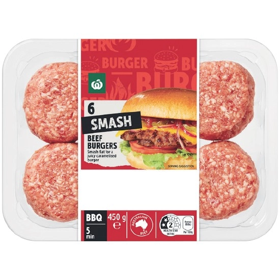 Woolworths Australian Beef Smash Burgers 450g Pk 6