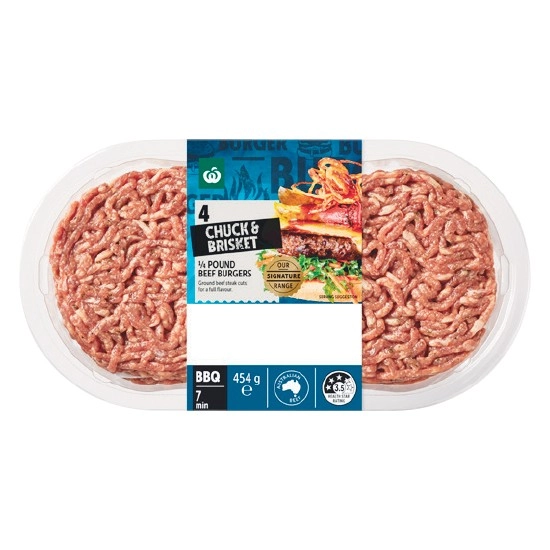 Woolworths Australian Chuck & Brisket 1/4 Pound Beef Burgers 454g Pk 4