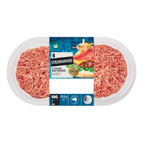 Woolworths Australian Steakhouse 1/4 Pound Beef Burgers 454g Pk 4