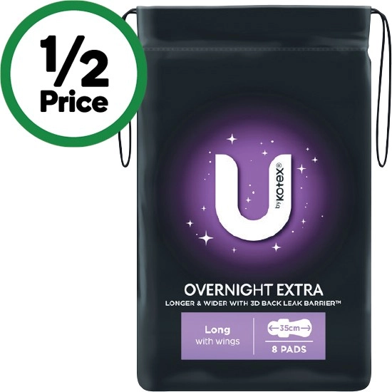 U by Kotex Extra Overnight Pads Pk 8