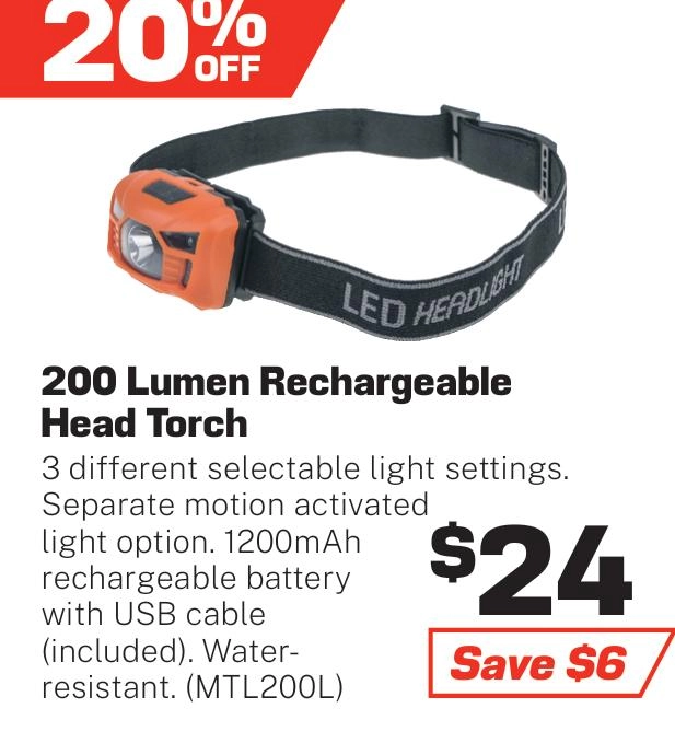 MaxiTrac 200 Lumen Rechargeable Head Torch