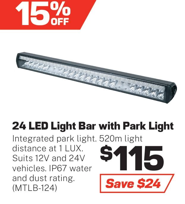 MaxiTrac 24 LED Light Bar, 500mm Long, Integrated Park Light, 10320 Lumens - MTLB-124