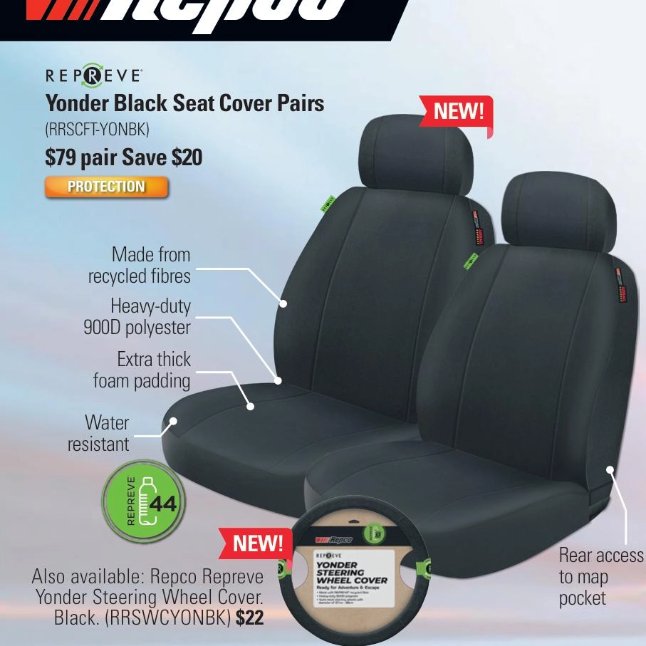 Repco Front Car Seat Covers Repreve, Black - Pair