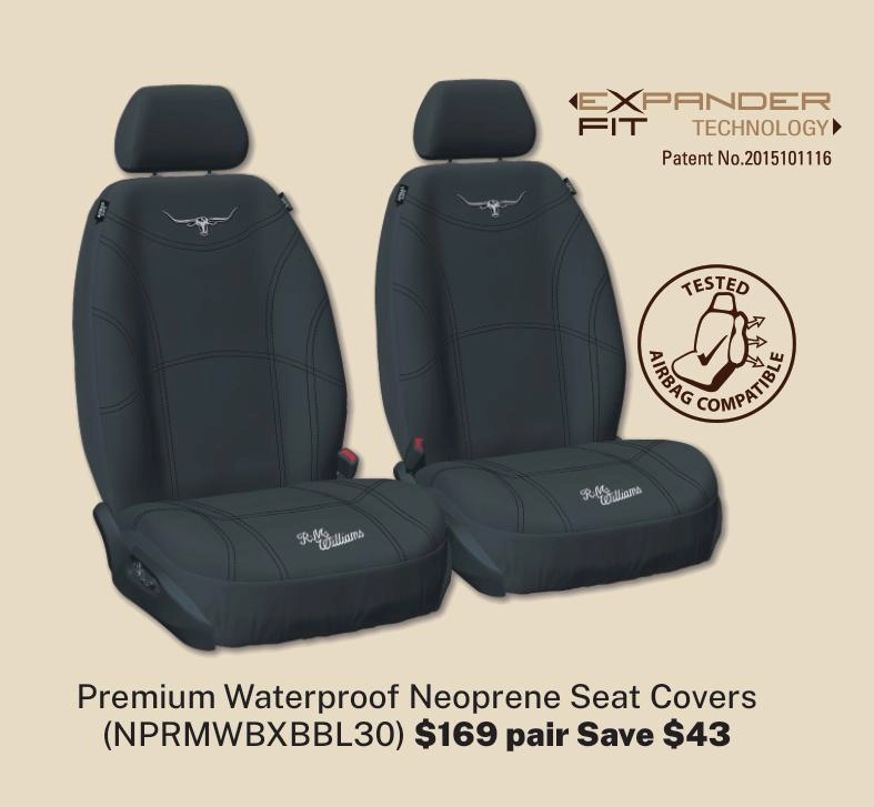 RM Williams Front Car Seat Covers Neoprene Black - Pair - NPRMWBXBBL30