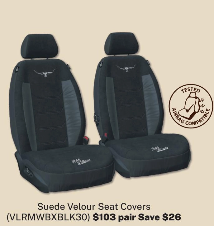 RM Williams Front Car Seat Covers Suede Velour Black - Pair - VLRMWBXBLK30