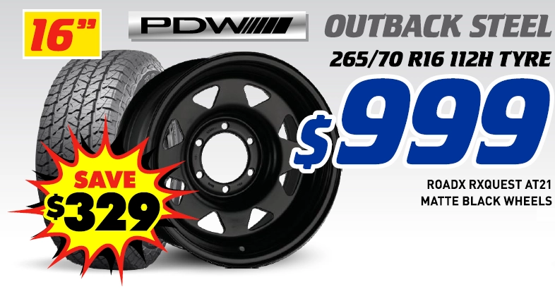 16" 4 Wheel & 4 Tyre Packages - PDW Outback Steel Wheels RoadX Rxquest AT21