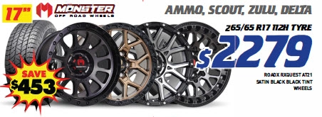 17" 4 Wheel & 4 Tyre Packages - Monster Ammo, Scout, Zulu, Delta RoadX Rxquest AT21