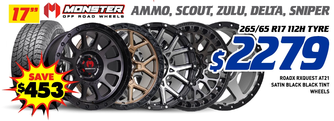 17" 4 Wheel & 4 Tyre Packages - Monster Ammo, Scout, Zulu, Delta, Sniper RoadX Rxquest AT21