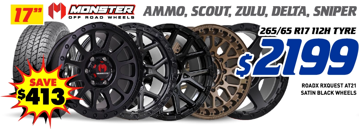 17" 4 Wheel & 4 Tyre Packages - Monster Ammo, Scout, Zulu, Delta, Sniper RoadX Rxquest AT21