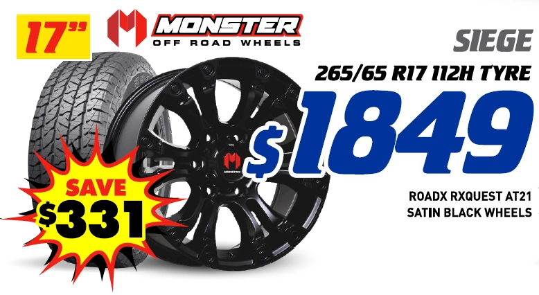 17" 4 Wheel & 4 Tyre Packages - Monster Siege RoadX Rxquest AT21