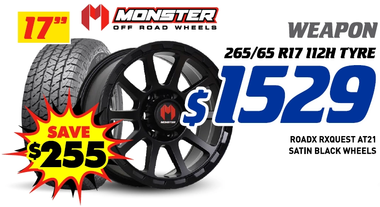 17" 4 Wheel & 4 Tyre Packages - Monster Weapon RoadX Rxquest AT21