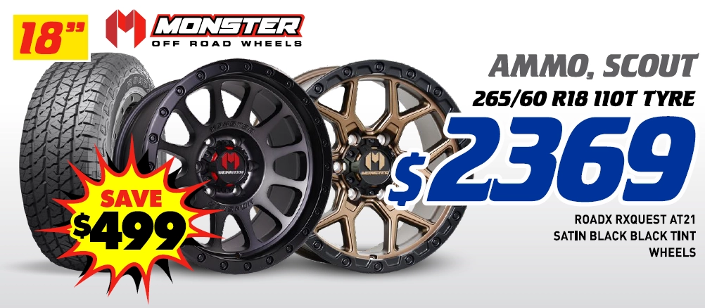 18" 4 Wheel & 4 Tyre Packages - Monster Ammo & Scout RoadX Rxquest AT21