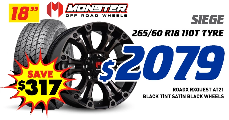 18" 4 Wheel & 4 Tyre Packages - Monster Siege RoadX Rxquest AT21