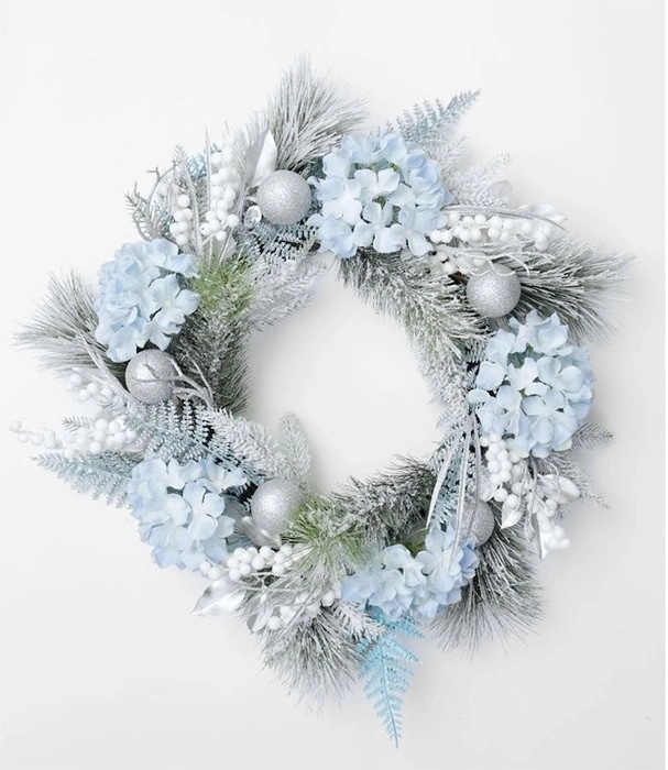 Myer Giftorium Luxe Flocked Hydrangea, Fern and Baubles Wreath 60cm in Blue/Silver