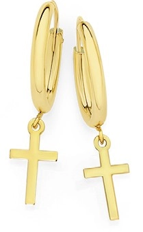 9ct Gold 1.5x10mm Cross Drop Hoop Earrings