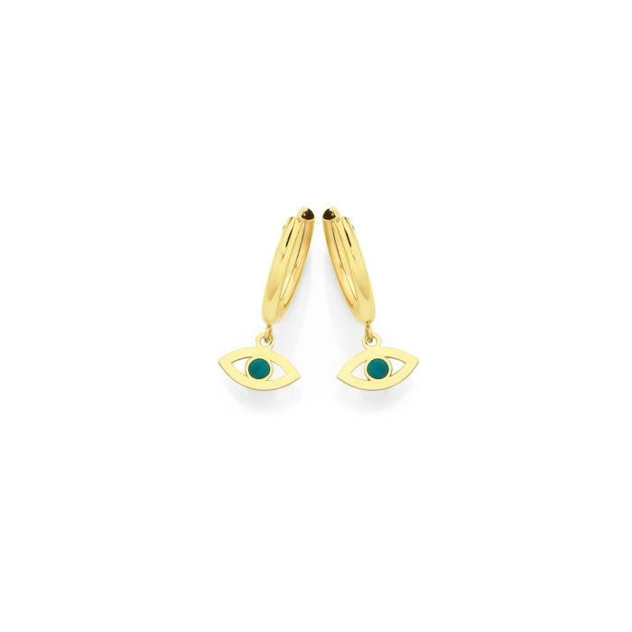 9ct Gold 1.5x10mm Enamel Evil Eye Drop Hoop Earrings