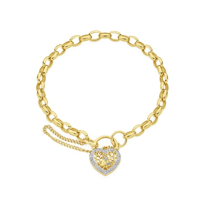 9ct Gold 19cm Solid Belcher Diamond Padlock Bracelet