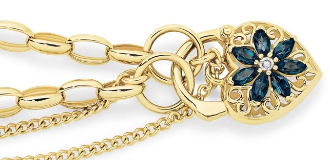 9ct Gold 19cm Solid London Blue Topaz & Diamond Flower Padlock Bracelet