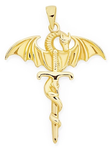 9ct Gold 34mm Dragon & Sword Men's Pendant