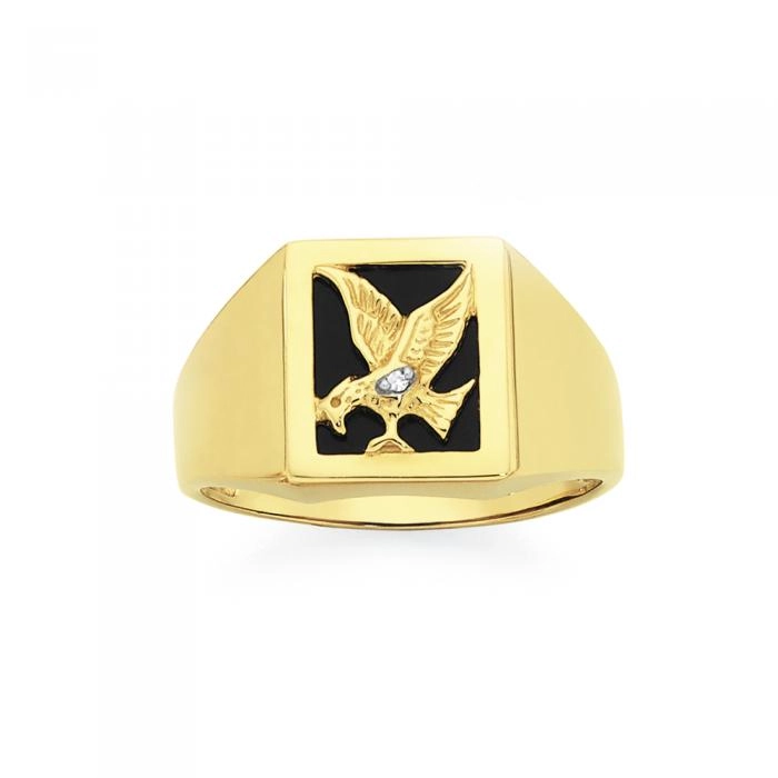 9ct Gold Black Agate & Diamond Eagle Men's Ring