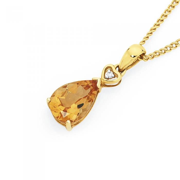 9ct Gold Citrine & Diamond Heart Detail Drop Pendant