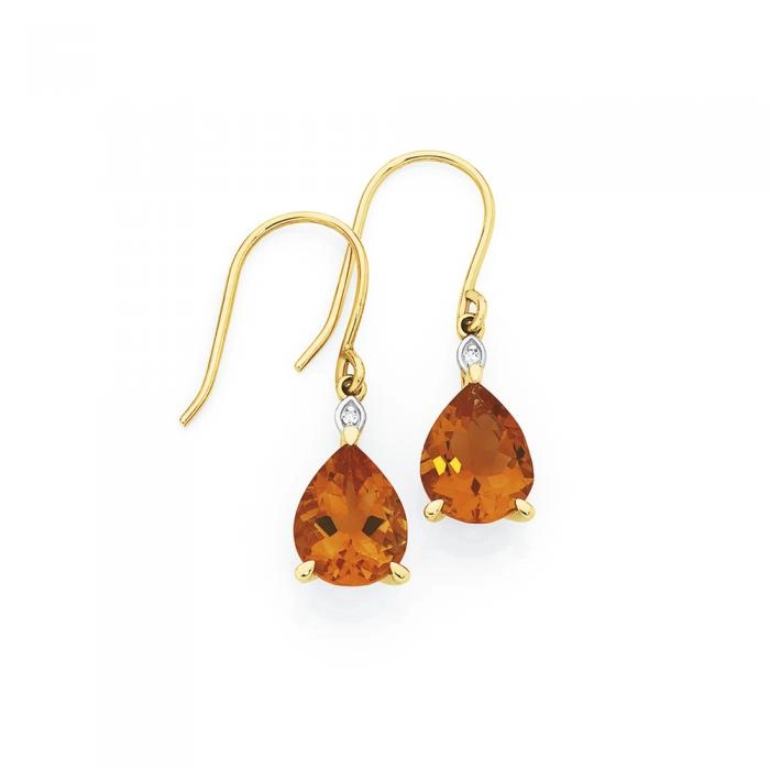 9ct Gold Citrine & Diamond Pear Drop Hook Earrings