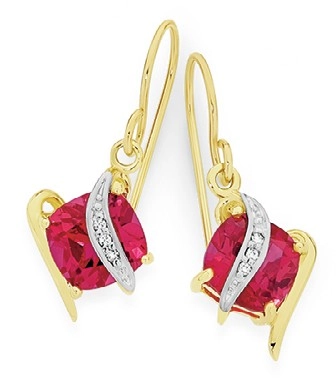 9ct Gold Created Ruby & Diamond Cushion Crossover Drop Earrings