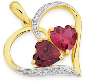 9ct Gold Created Ruby & Diamond Heart Pendant