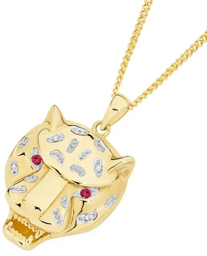 9ct Gold Created Ruby & Diamond Leopard Head Men's Pendant