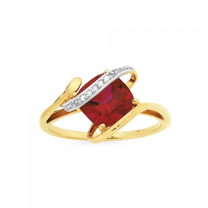 9ct Gold Created Ruby & Diamond Ring