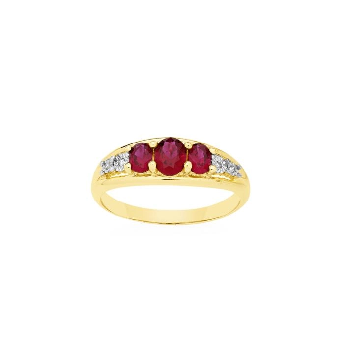 9ct Gold Created Ruby & Diamond Tilogy Ring