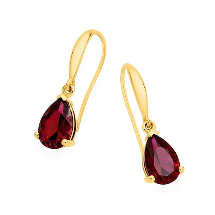 9ct Gold Created Ruby Pear Cut Drop Earrings