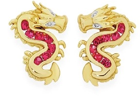 9ct Gold Created Ruby with Diamond Accents Dragon Stud Earrings