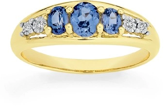 9ct Gold Created Sapphire & Diamond Oval Cut Trilogy Ring