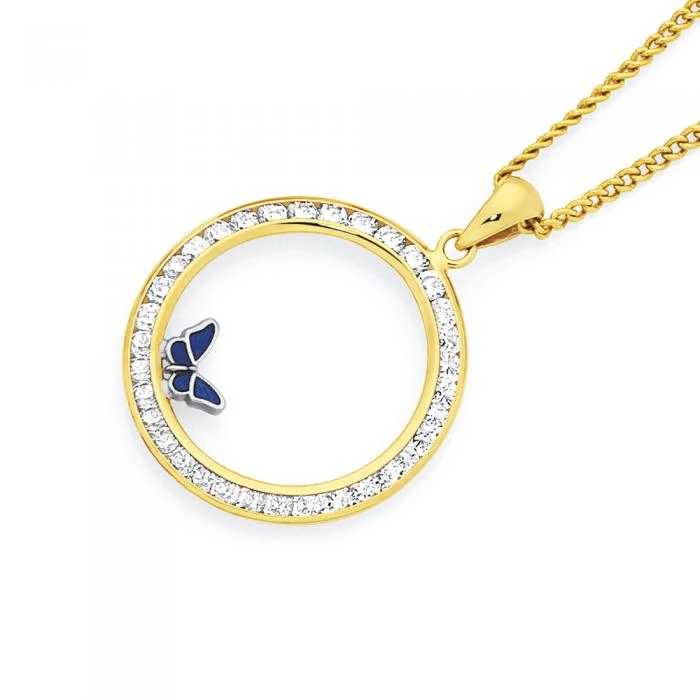 9ct Gold Cubic Zirconia Circle with Enamel Butterfly Pendant