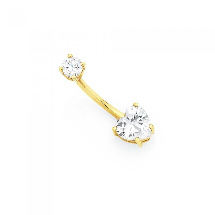 9ct Gold Cubic Zirconia Round & Heart Belly Bar