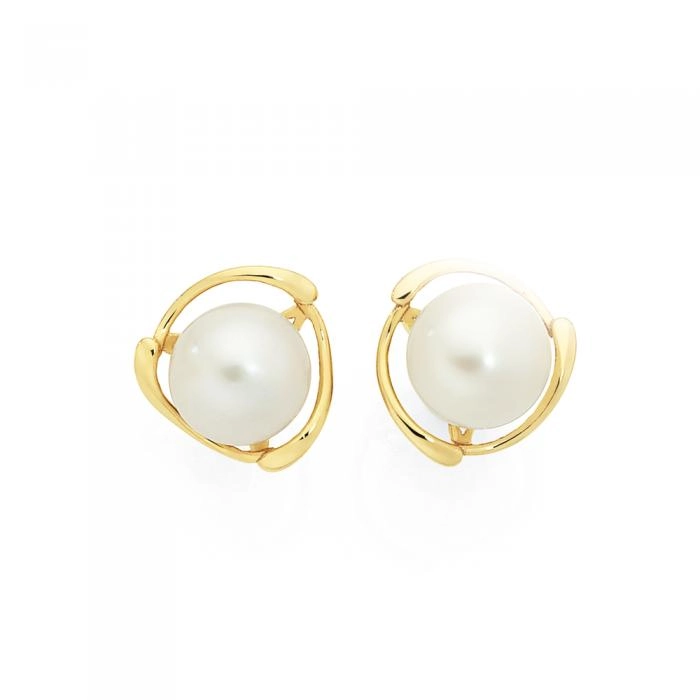 9ct Gold Cultured Freshwater Button Pearl Halo Stud Earrings