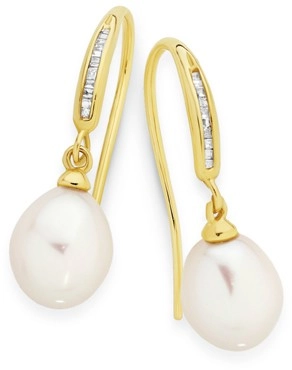 9ct Gold Cultured Freshwater Pearl & Diamond Earrings